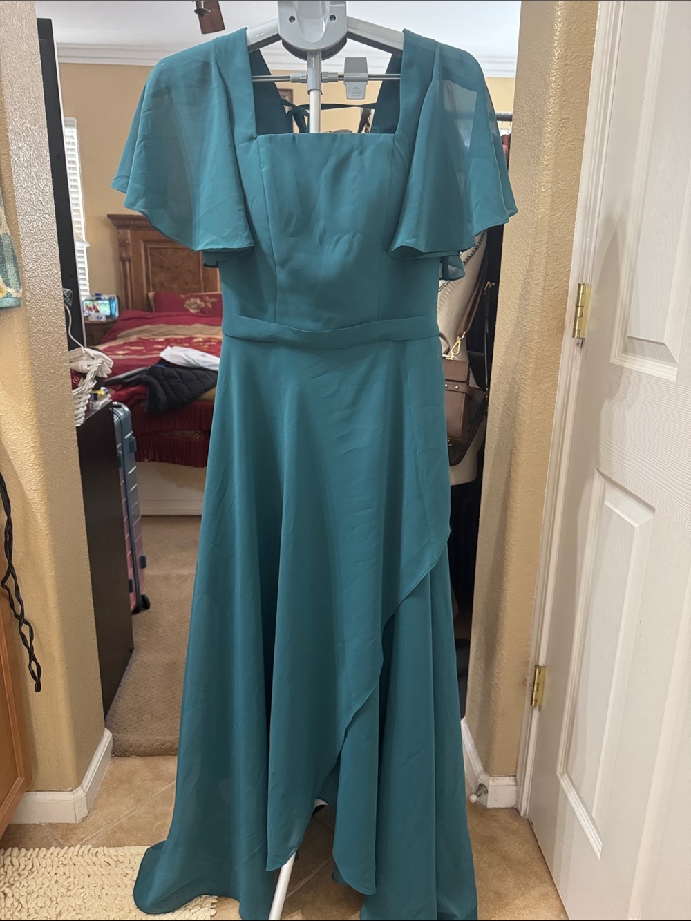 Elegant Teal Flutter-Sleeve Evening Dress